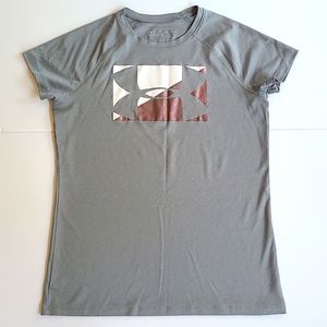 Under Armour Youth Large Gray white pink logo short sleeve crewneck tee shirt